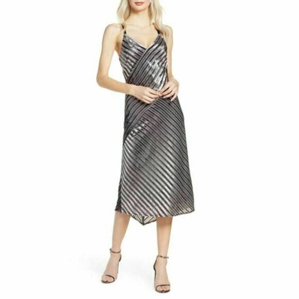 Harlyn Gray Velvet Metallic Stripes V Neck Midi Cocktail Slip Dress SZ M New $16